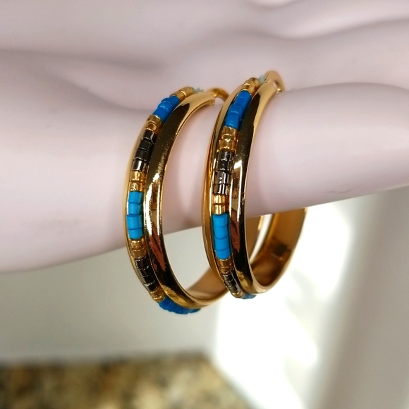 Beaded Gold Hoop Earrings - Picture 2 of 11